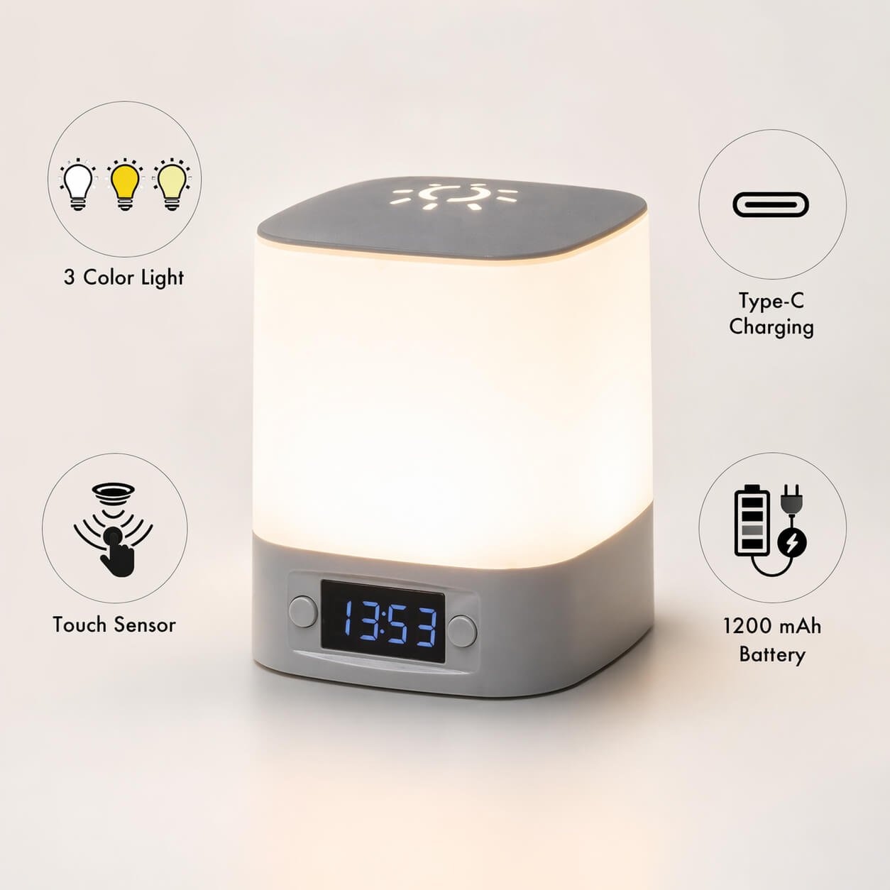 Gleam TimeCube: Soft touch Rechargeable Night Lamp with Clock  — corporate gift