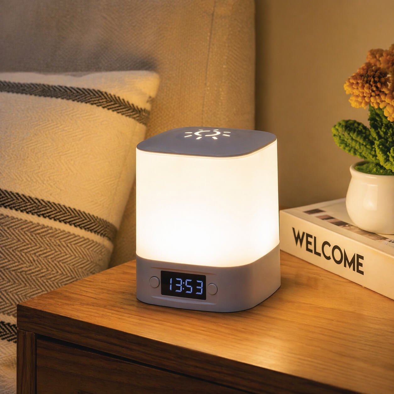 Gleam TimeCube: Soft touch Rechargeable Night Lamp with Clock  — corporate gift