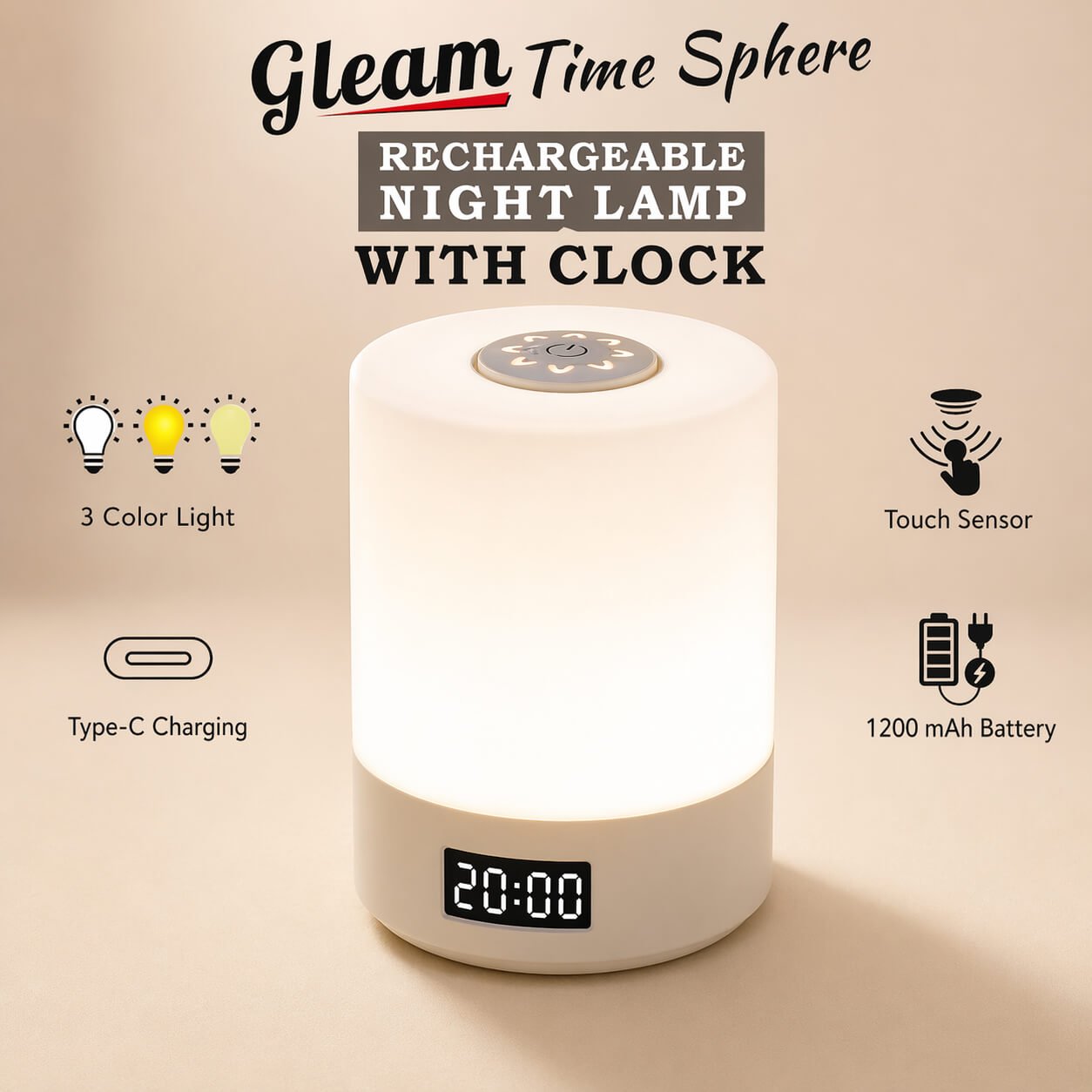 Gleam TimeSphere: Soft touch Rechargeable Night Lamp with Clock  — corporate gift