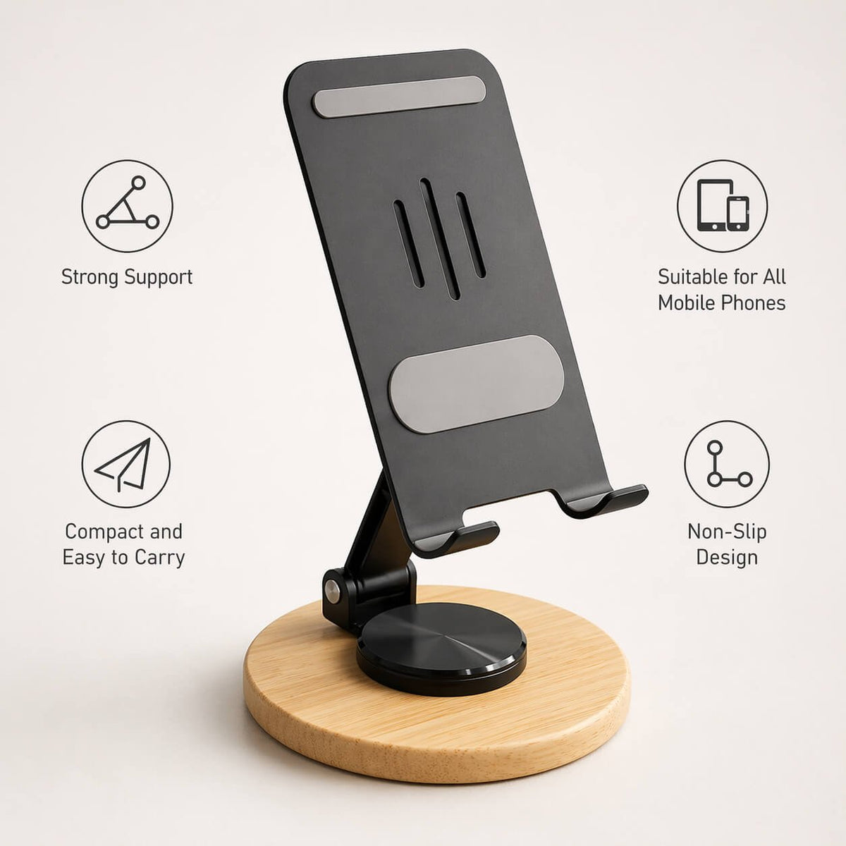 Zenstand Max: Folding &amp; Rotating Metal Mobile Stand with bamboo base  — corporate gift