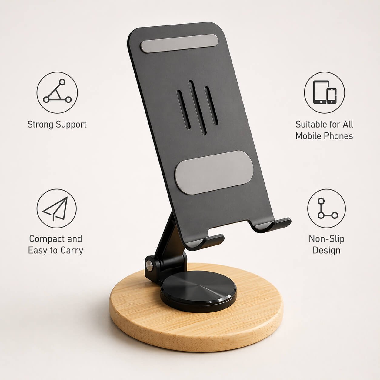 Zenstand Max: Folding & Rotating Metal Mobile Stand with bamboo base  — corporate gift