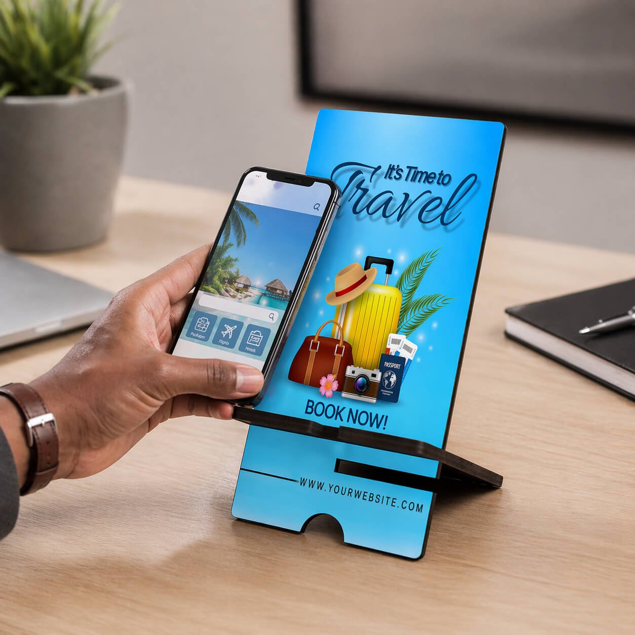 TapStand : Customized MDF 2 part Mobile stand with NFC Tag  — corporate gift