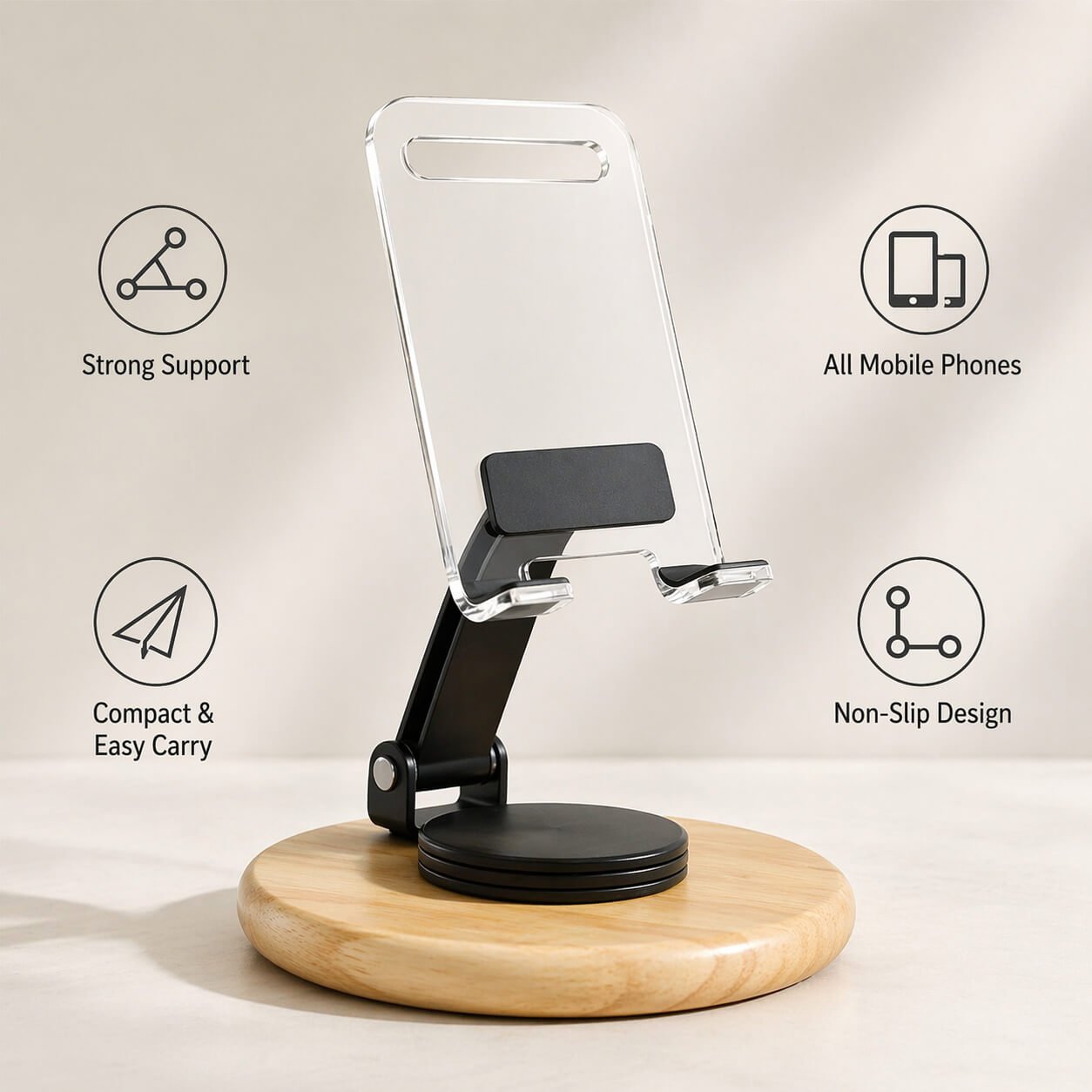 Zenstand Pure: Folding & Rotating Clear Mobile Stand with bamboo base  — corporate gift