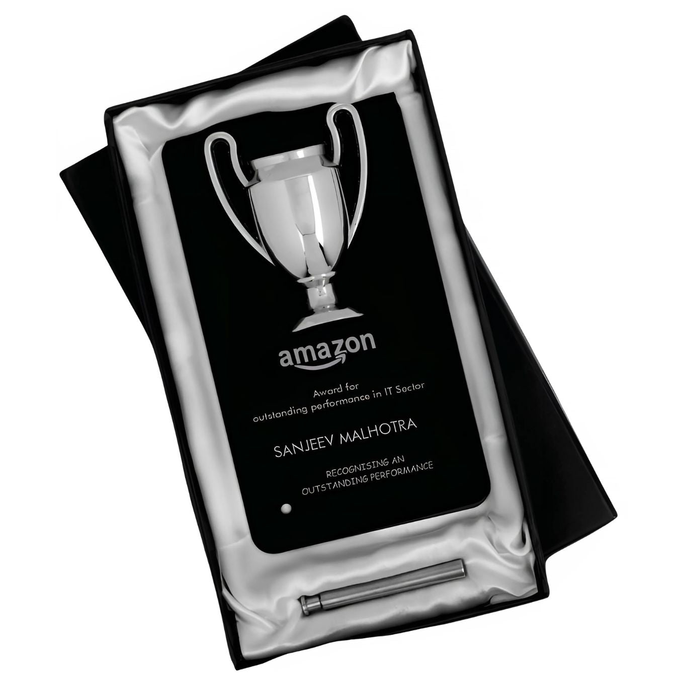 F11a – Winner Cup Desk Trophy with Stand | Shiny Chrome Cup with Black Plate