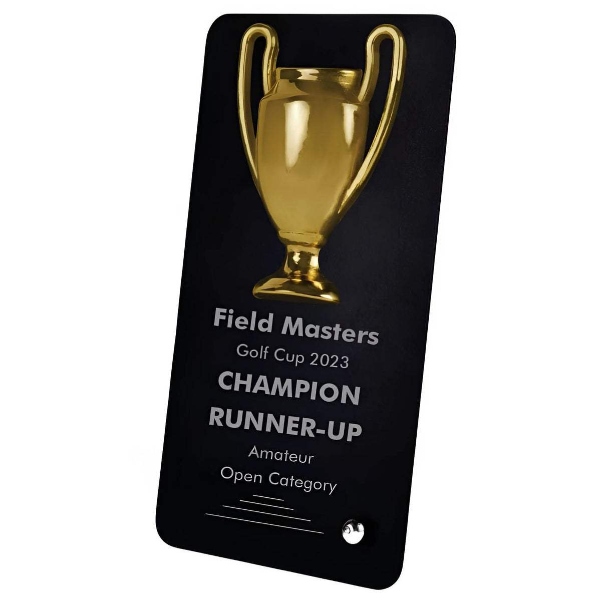 F11a – Winner Cup Desk Trophy with Stand | Shiny Chrome Cup with Black Plate