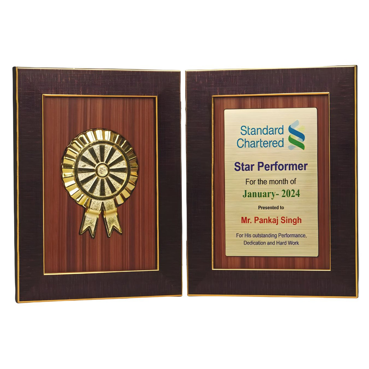 Book style folding trophy with award motif, wooden background – front view