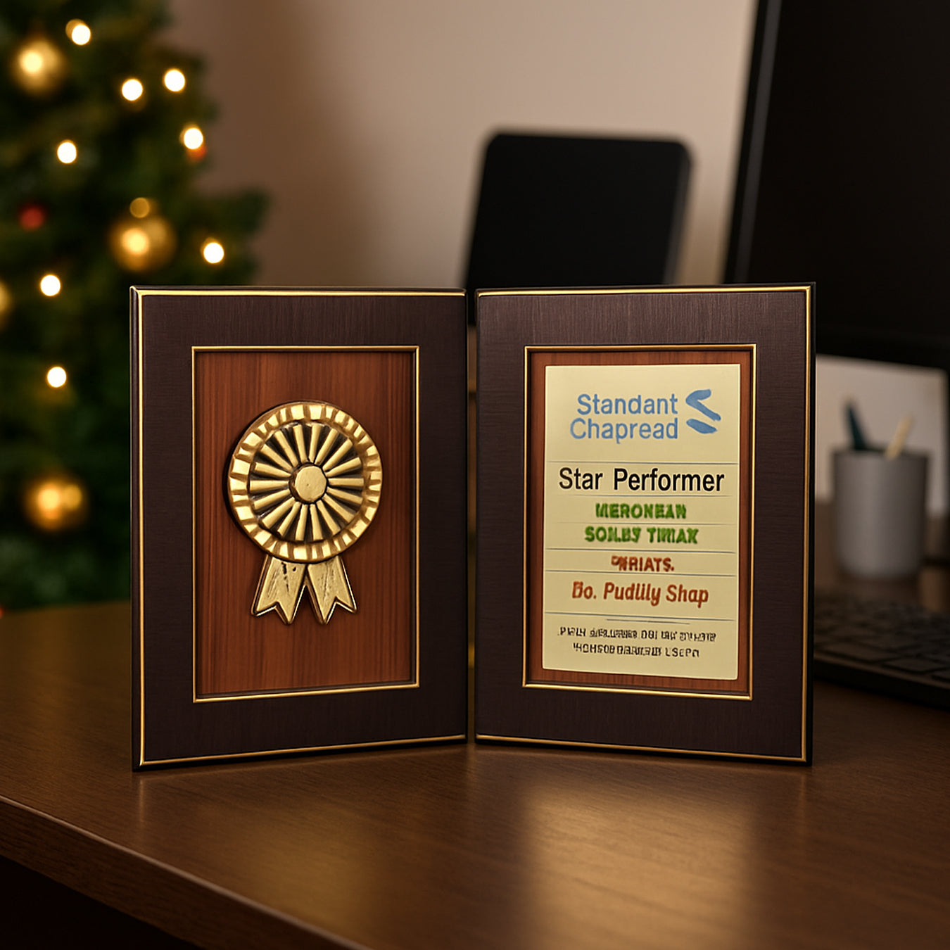 Book style folding trophy with award motif on wooden table – lifestyle view