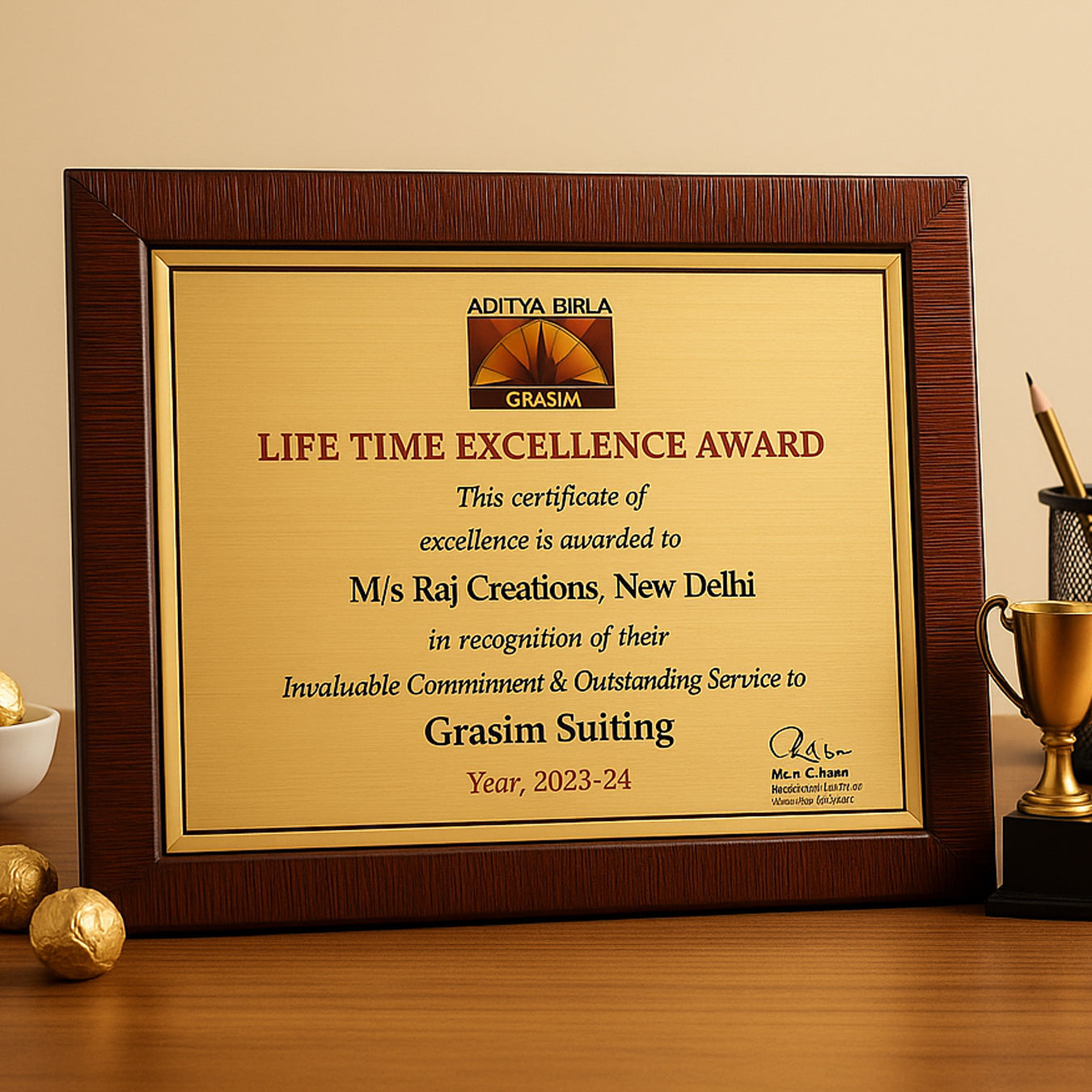 Wooden plaque with golden plate, tabletop portrait mode
