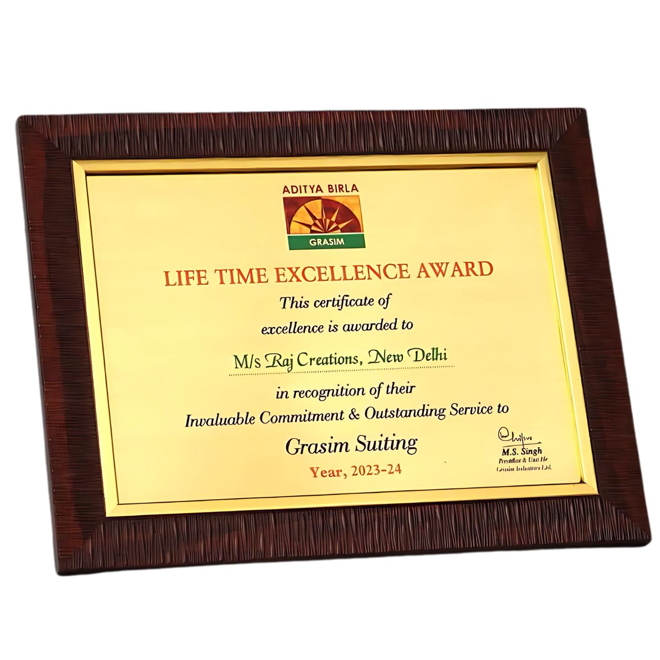 Wooden plaque with golden plate, tabletop portrait mode