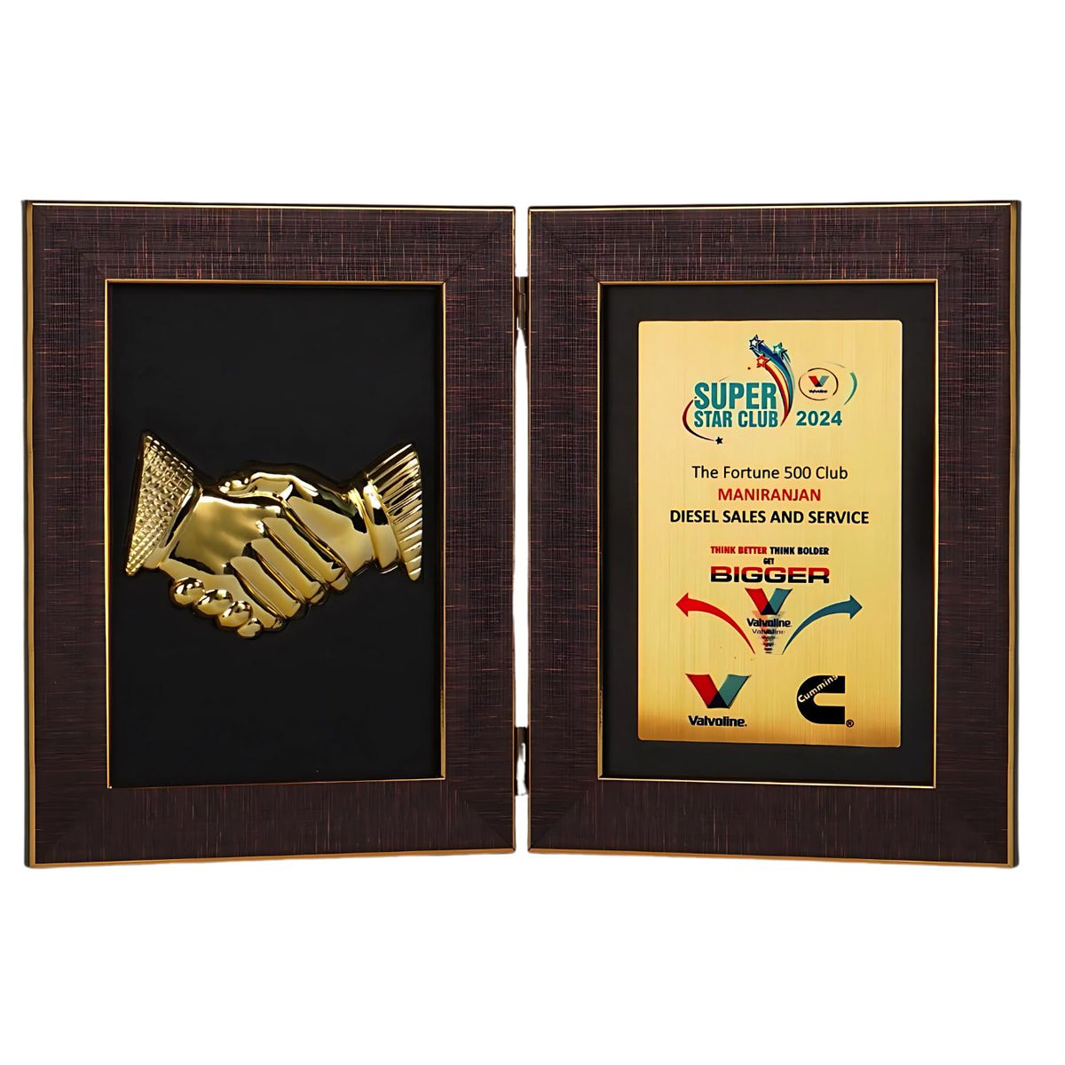 Front view of book style folding trophy with handshake motif