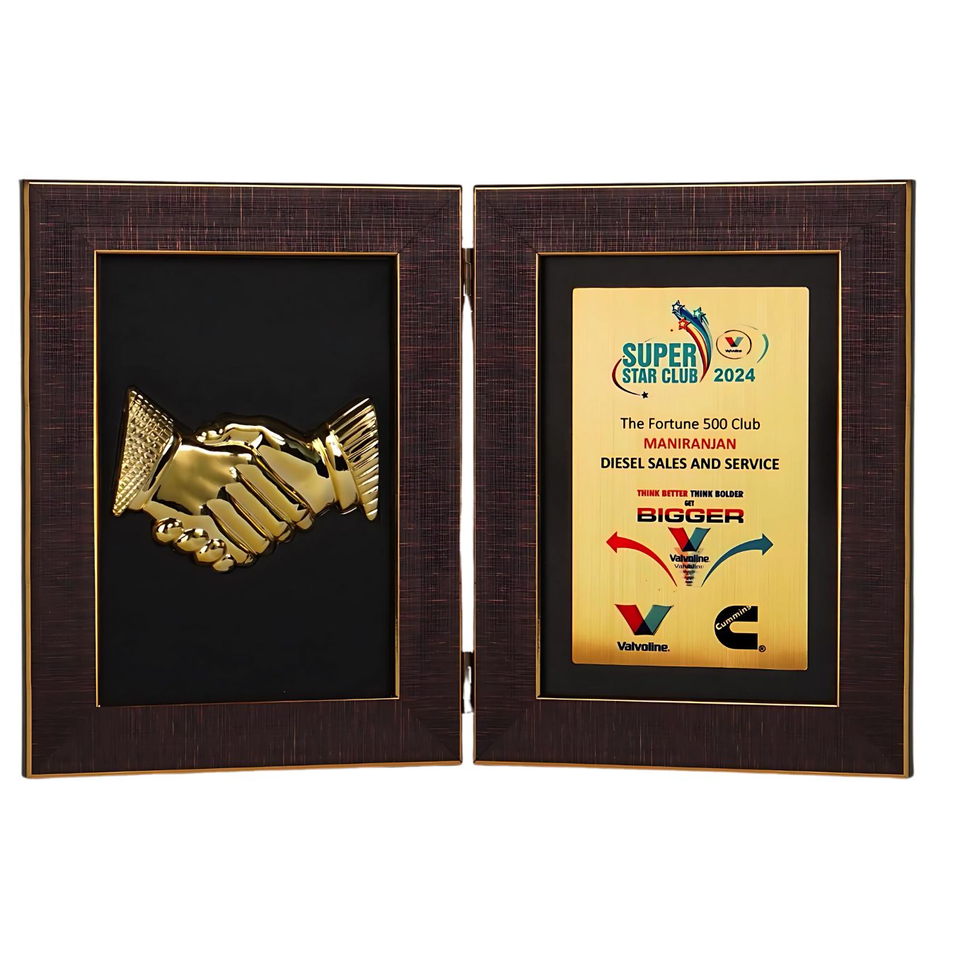 Book style folding trophy with handshake motif displayed in lifestyle setting