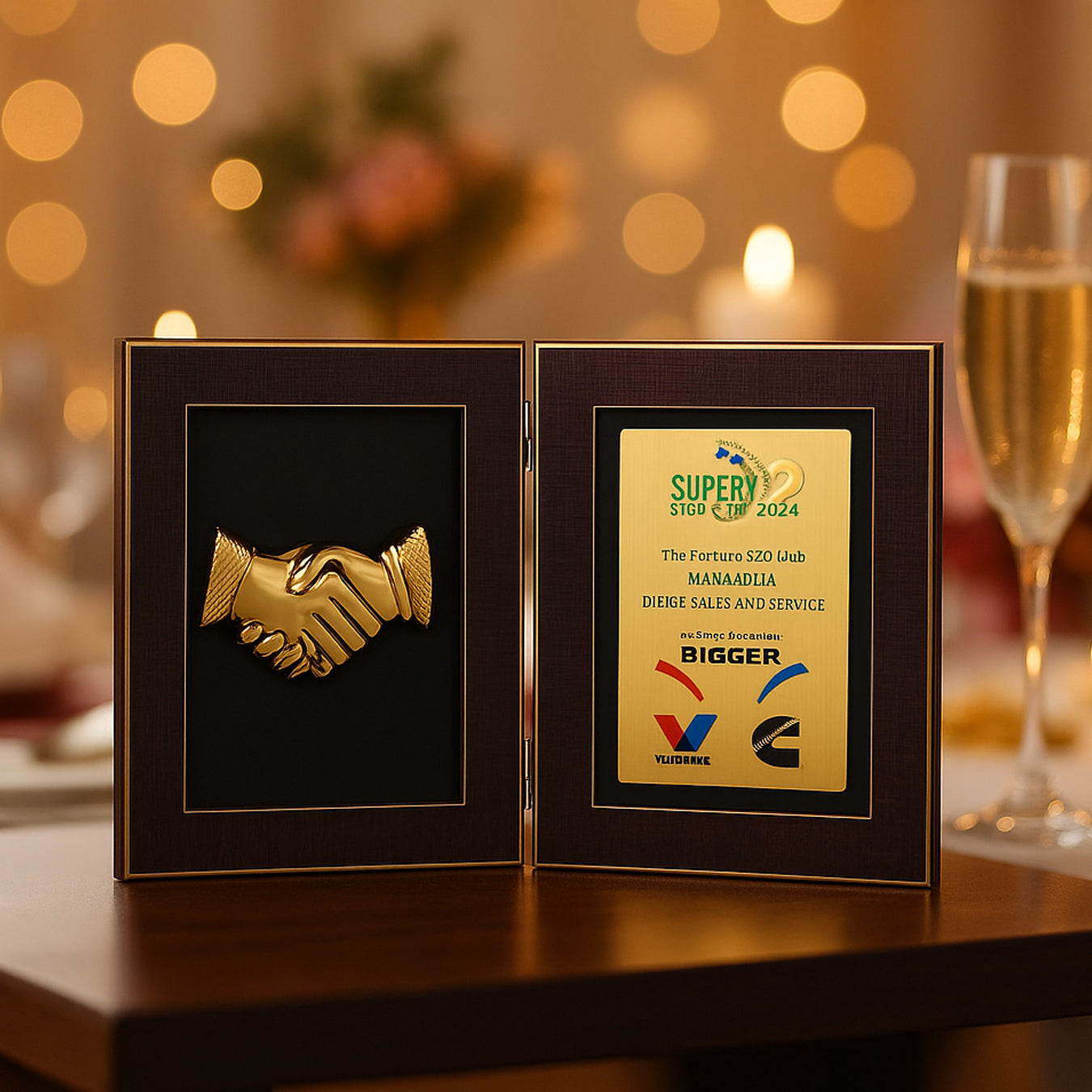 Book style folding trophy with handshake motif displayed in lifestyle setting