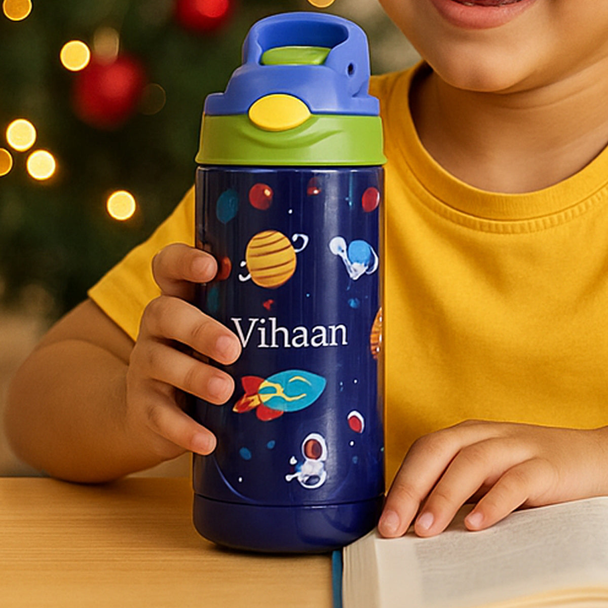 Kids space theme vacuum insulated stainless steel bottle with planets and rocket design – 380ml personalized gift