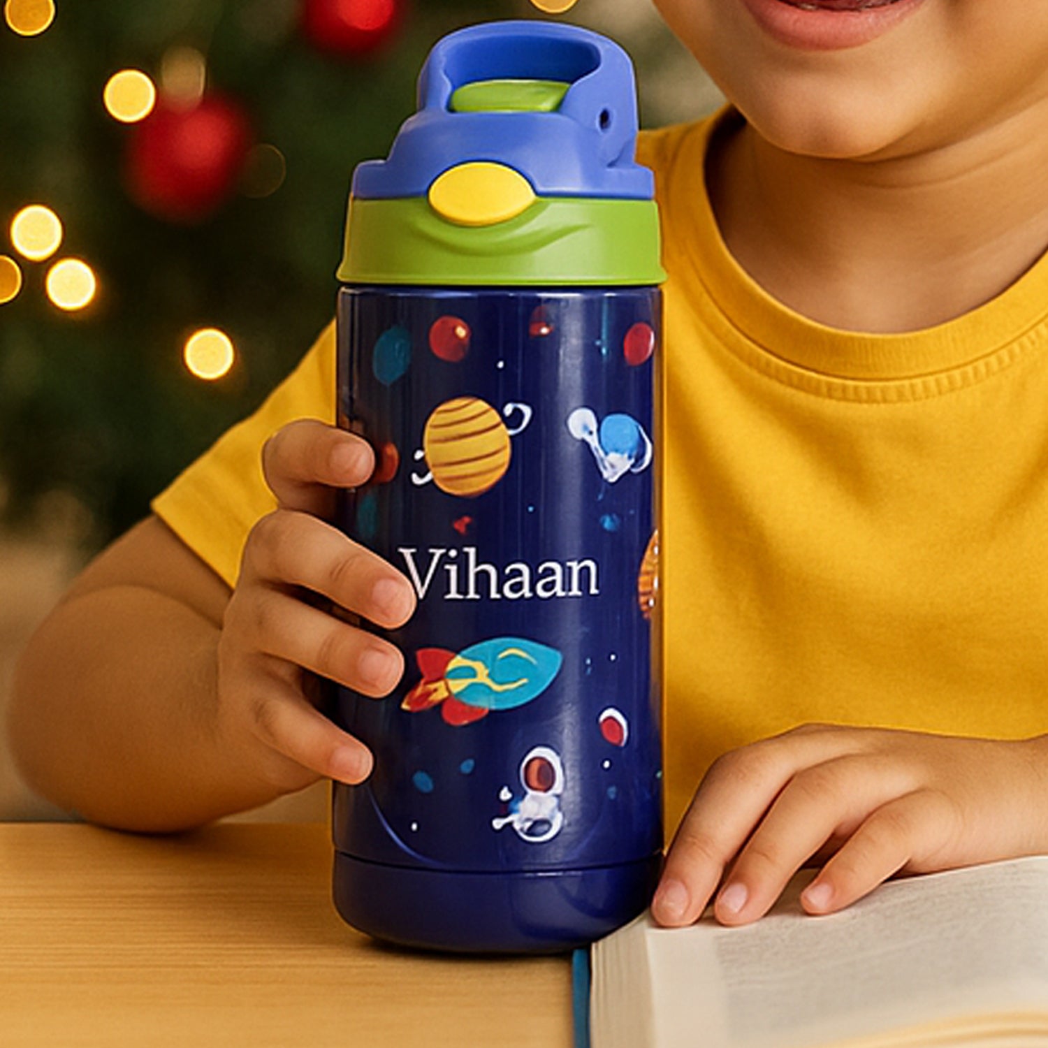 Kids space theme vacuum insulated stainless steel bottle with planets and rocket design – 380ml personalized gift
