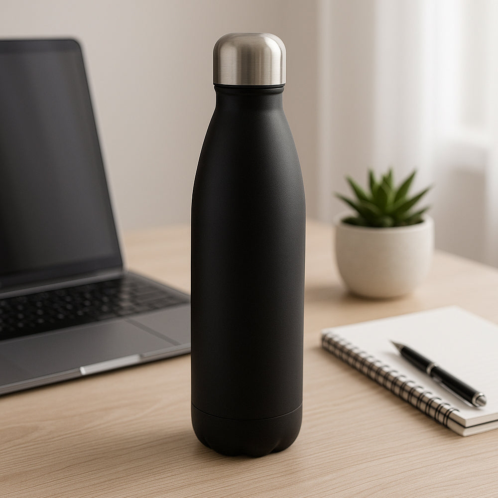 Black stainless steel vacuum insulated water bottle 500ml – sleek matte finish for daily use or gifting