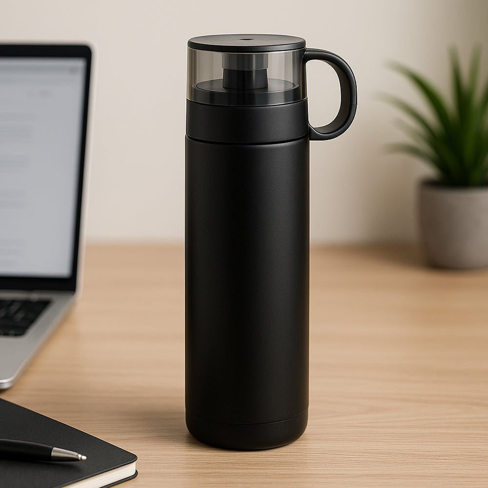 Stainless steel 500ml bottle with anti-skid bottom – sleek black design for everyday use