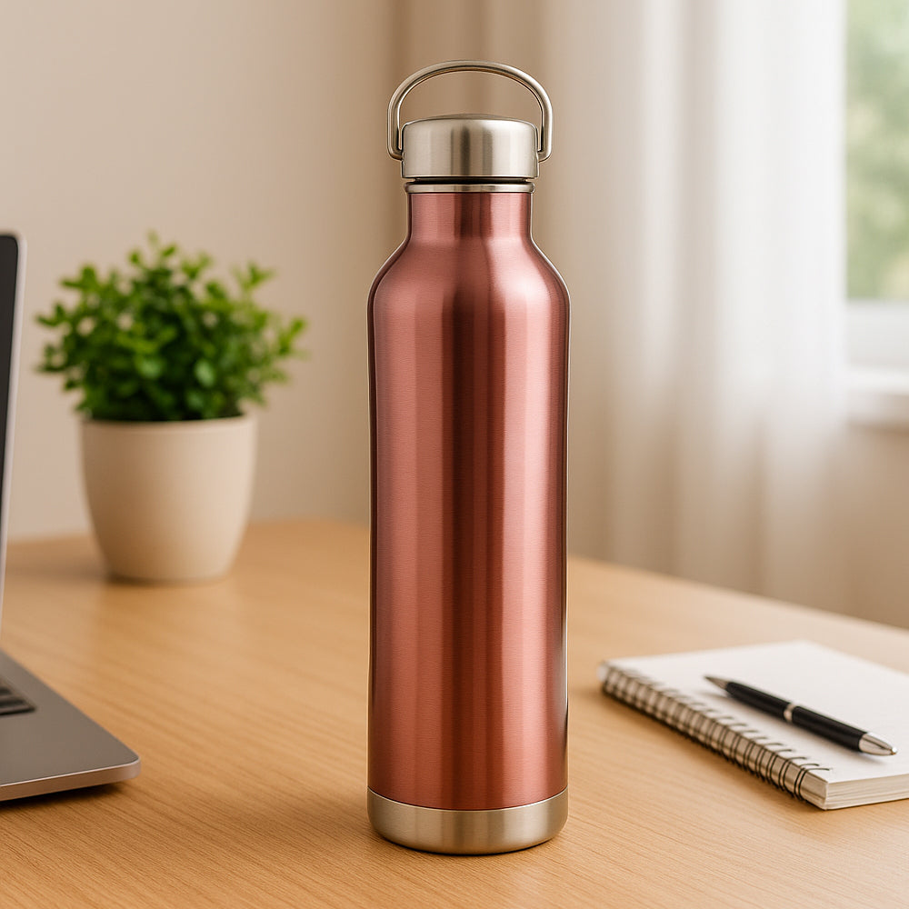 Premium stainless steel water bottle 750ml in metallic rose finish – eco-friendly reusable drinkware