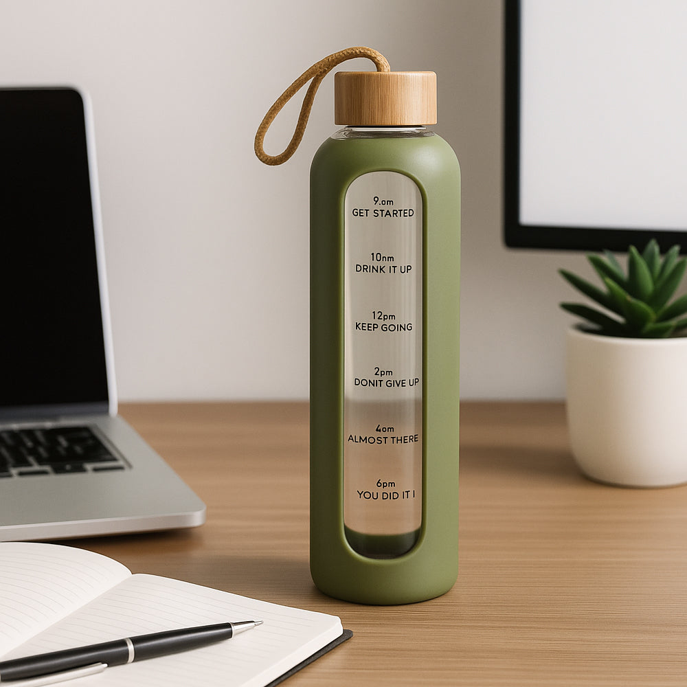 Olive green borosilicate glass water bottle with time marker and bamboo lid