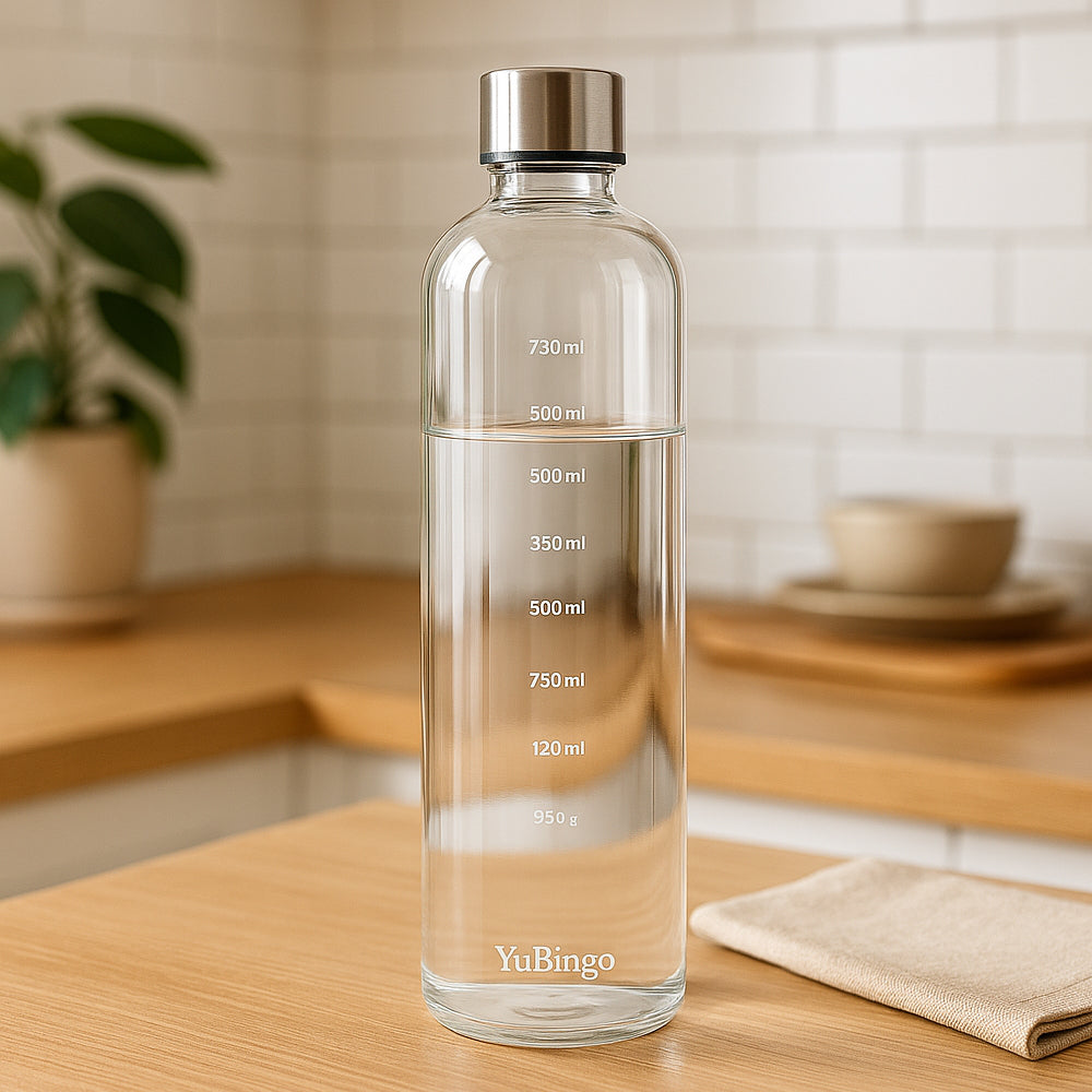 Premium 750 ml borosilicate glass water bottle with time markings, ideal for home, office, or gym hydration