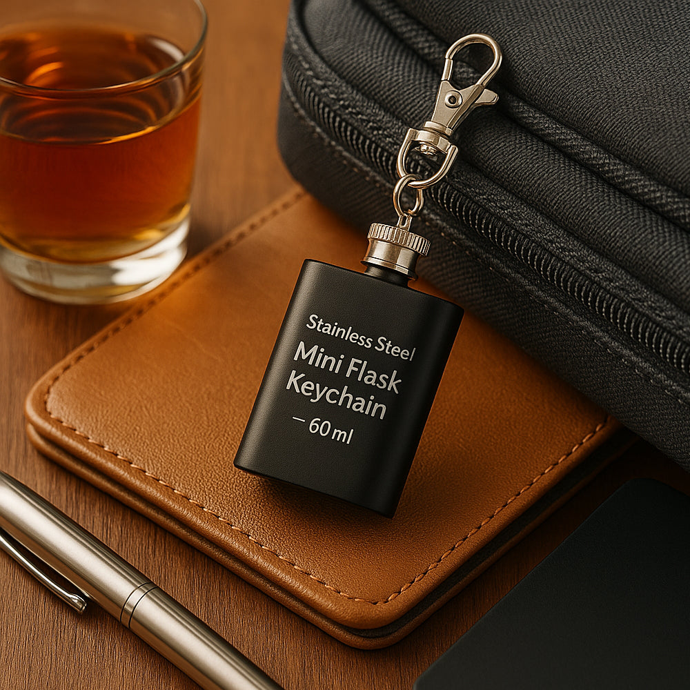 Stainless steel mini flask keychain – 60ml travel-size bar accessory gift
