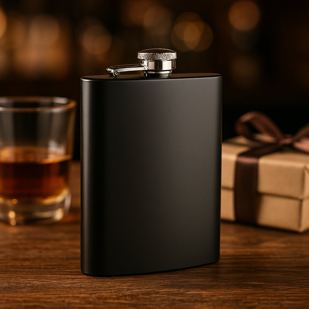 Black stainless steel hip flask – 7 oz capacity, sleek bar accessory for gifting