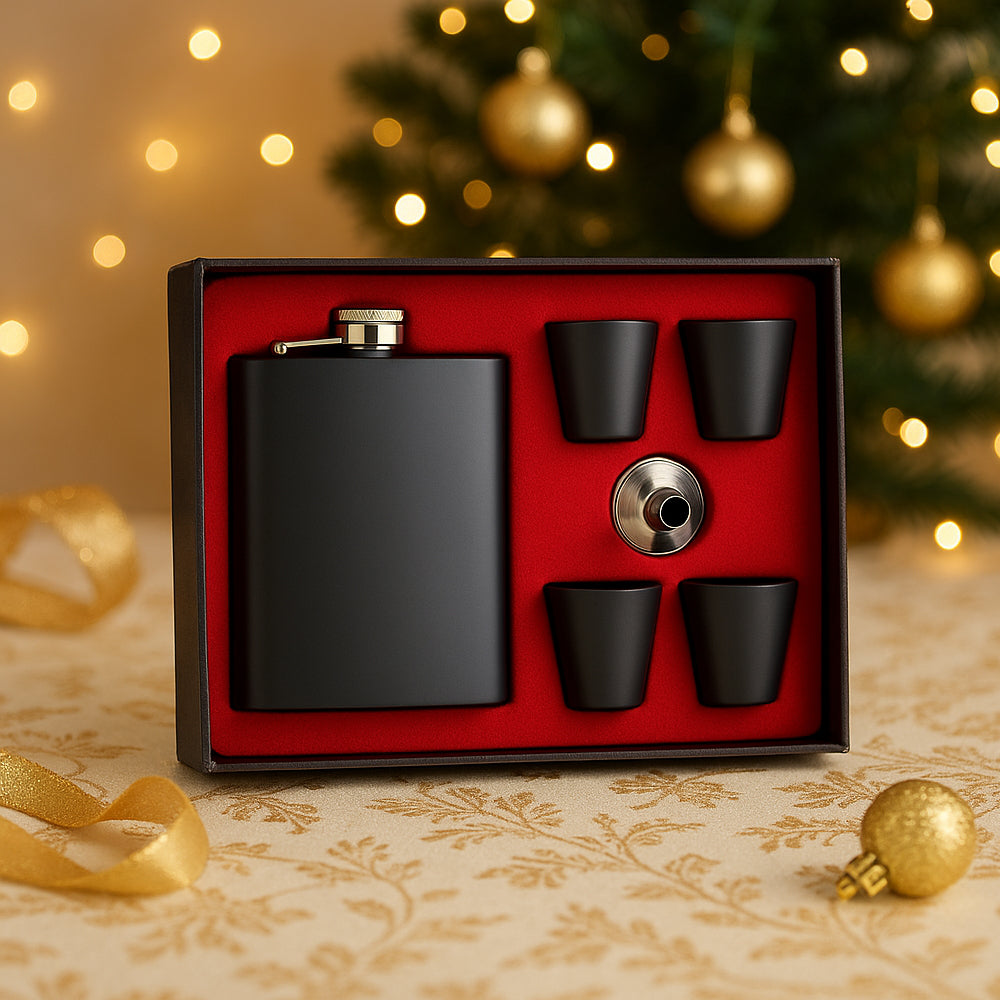 Premium stainless steel hip flask gift set with shot glasses and funnel in red gift box