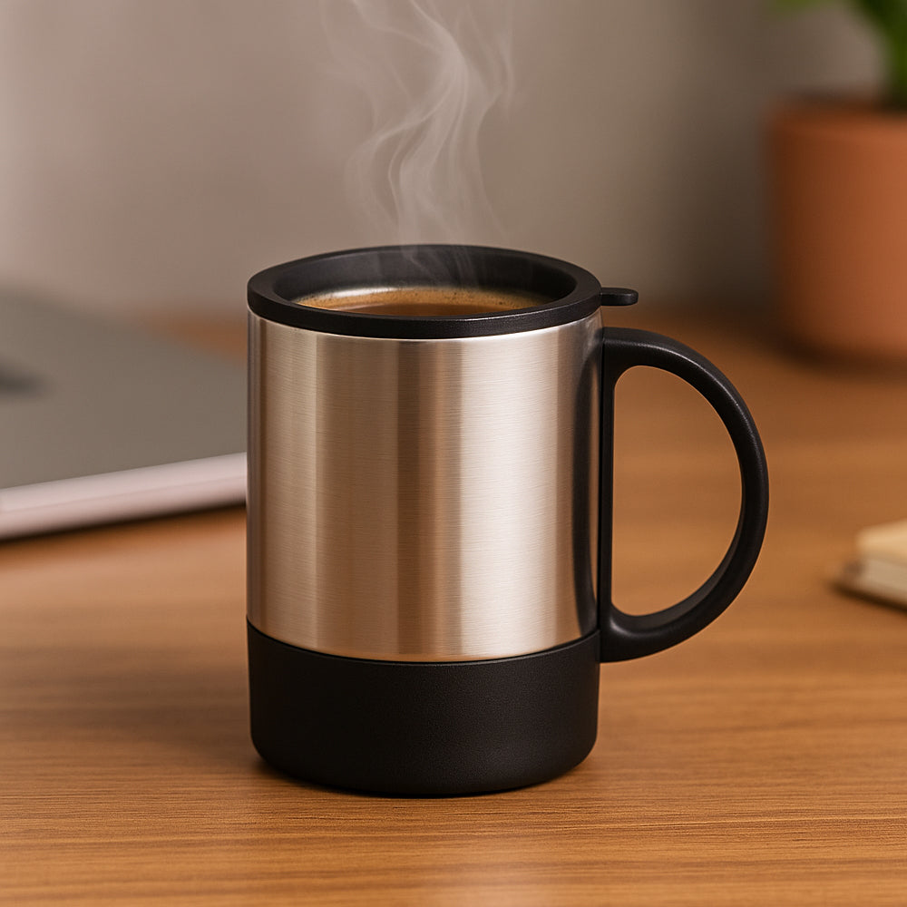 Stainless steel mug with black handle and lid, 200ml capacity – perfect for office or travel use