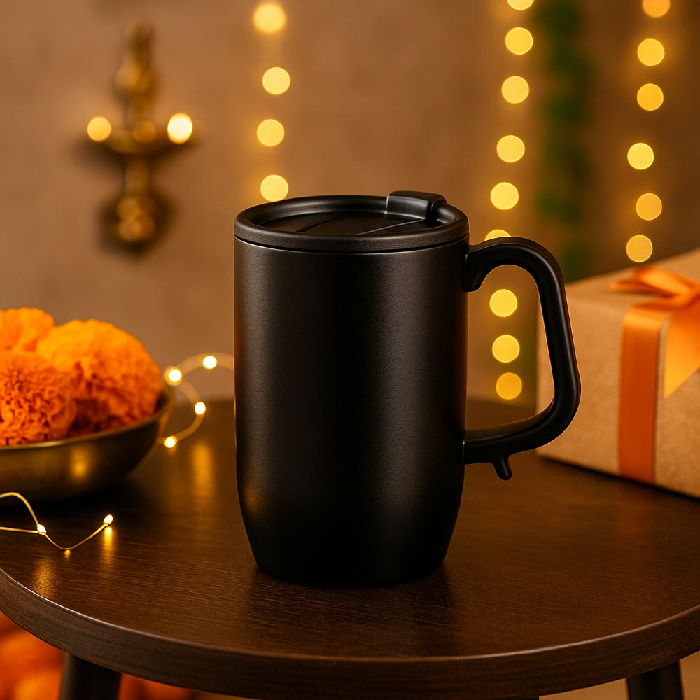 YuBingo stainless steel black travel mug with handle and lid – 300ml