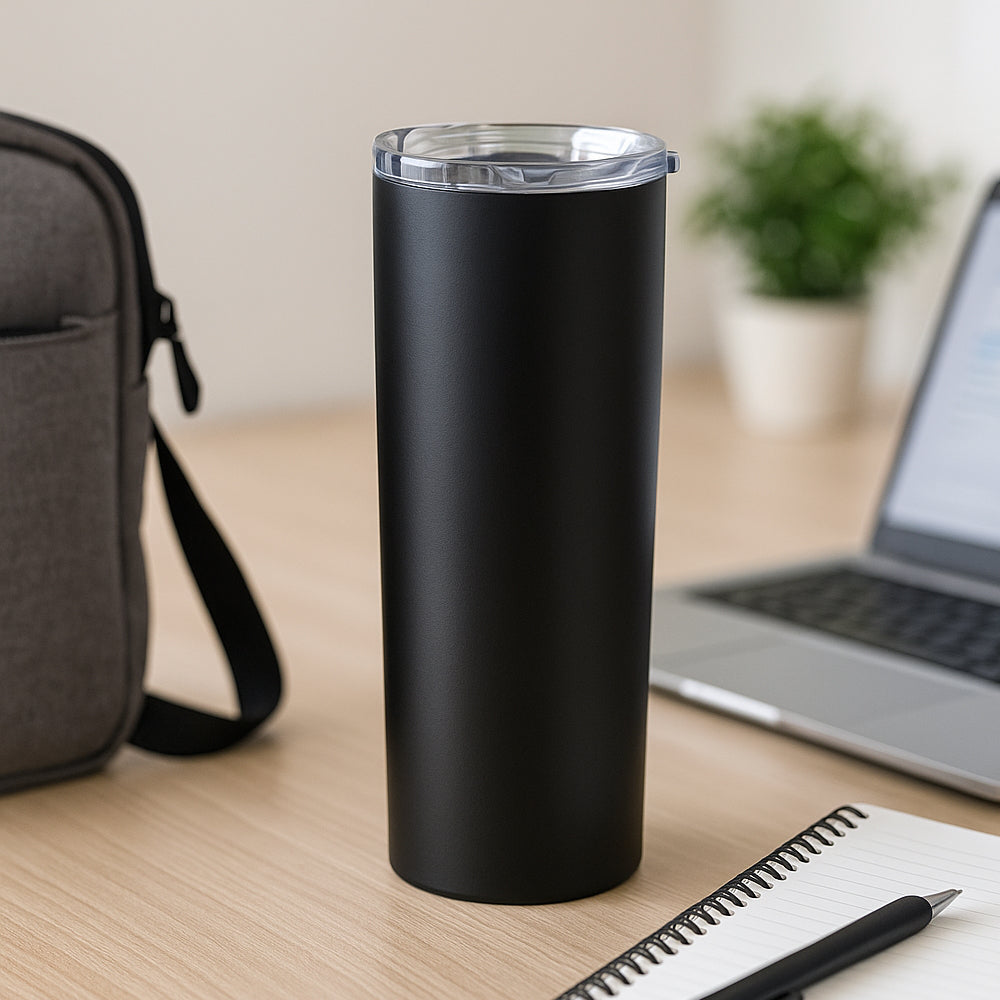 Black stainless steel travel tumbler, 500 ml, sublimation-ready design with transparent lid