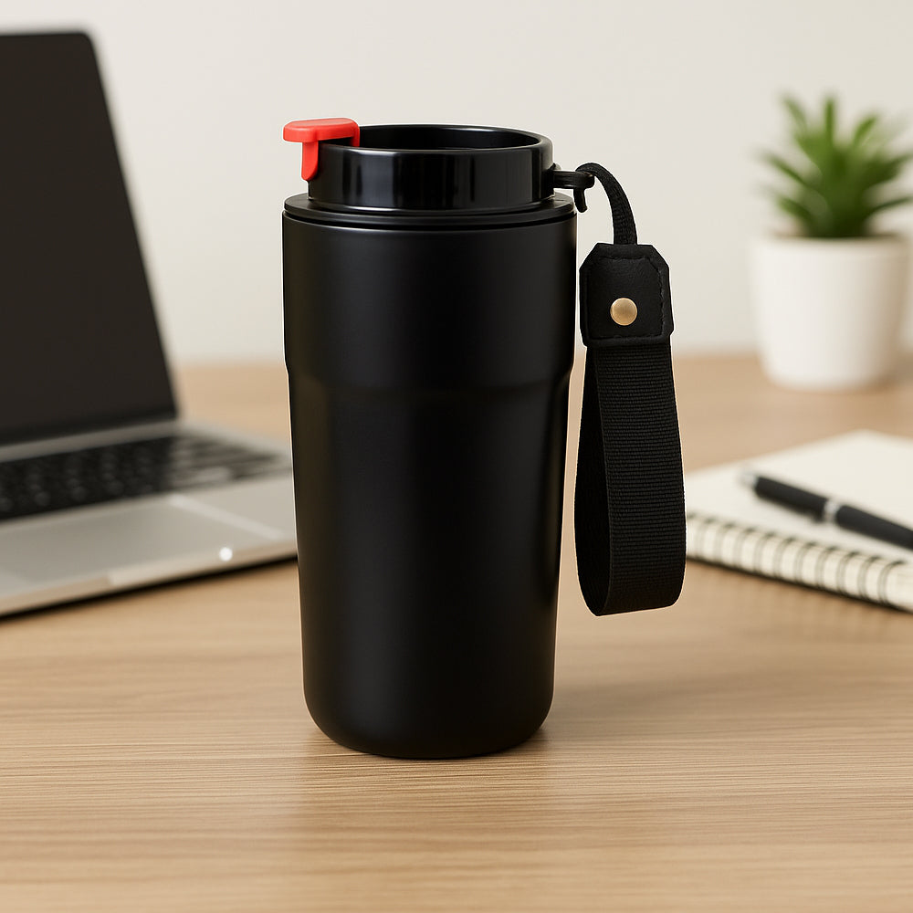 Black stainless steel travel mug with strap and red lid – 380 ml