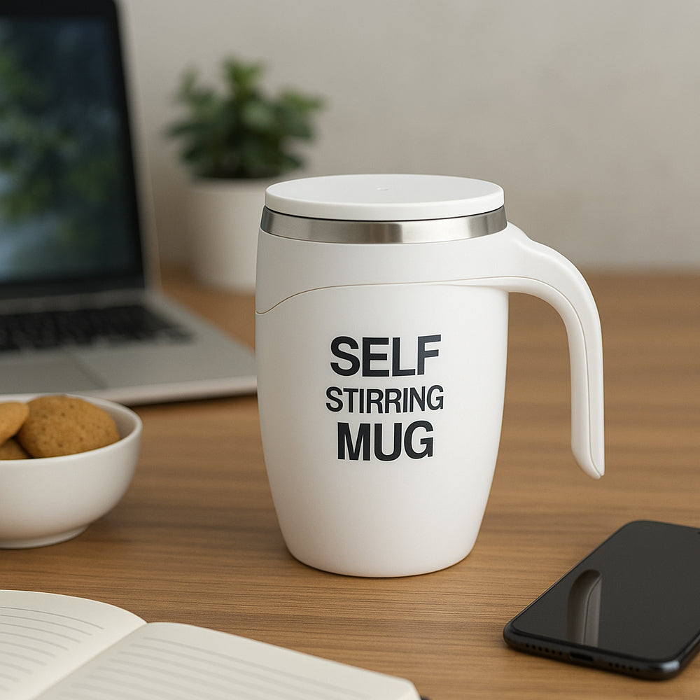 White stainless steel self-stirring mug with ergonomic handle – 350ml smart drinkware