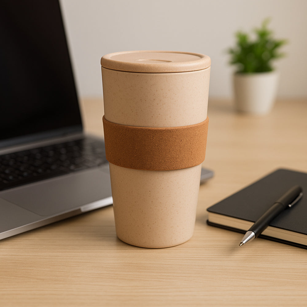 Eco-friendly wheat and cork travel mug, reusable 350ml tumbler with cork grip