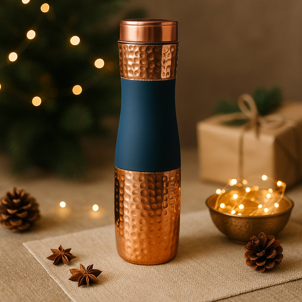 “Hammered copper water bottle 1000ml with blue grip – premium copper drinkware gift”