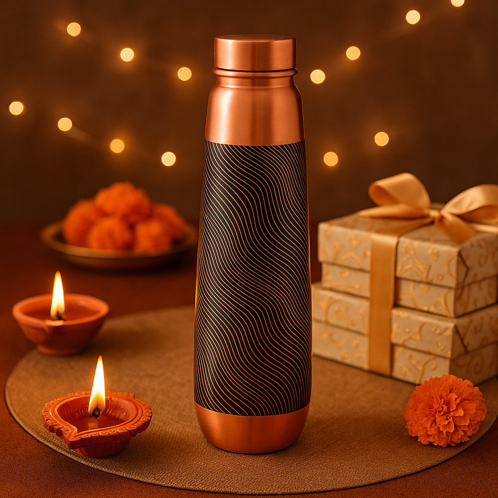 “Patterned copper water bottle 900ml – premium handcrafted drinkware for daily hydration”