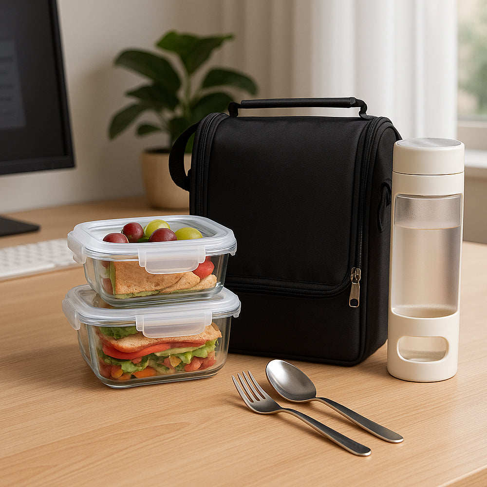 Premium GBI-4152 borosilicate glass lunch set with 960ml containers, 450ml bottle, and insulated bag