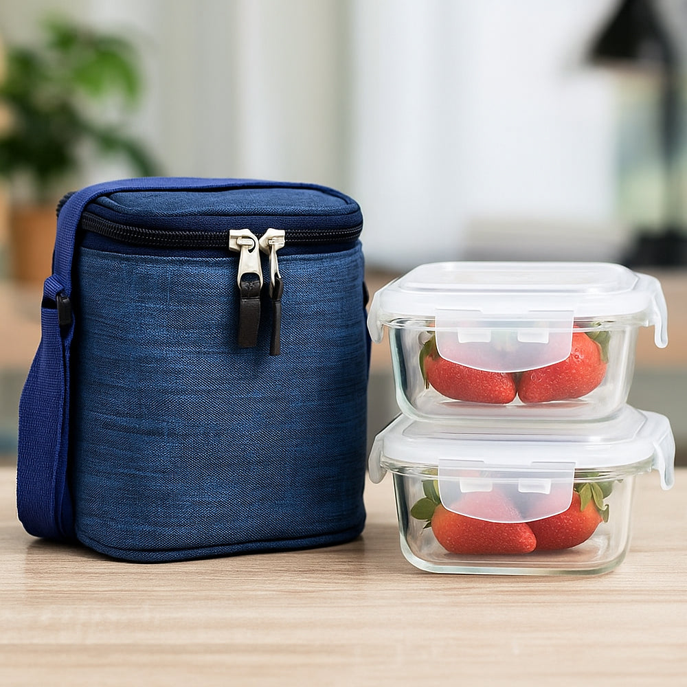 Premium borosilicate glass lunch box set with insulated blue carry bag for office or travel