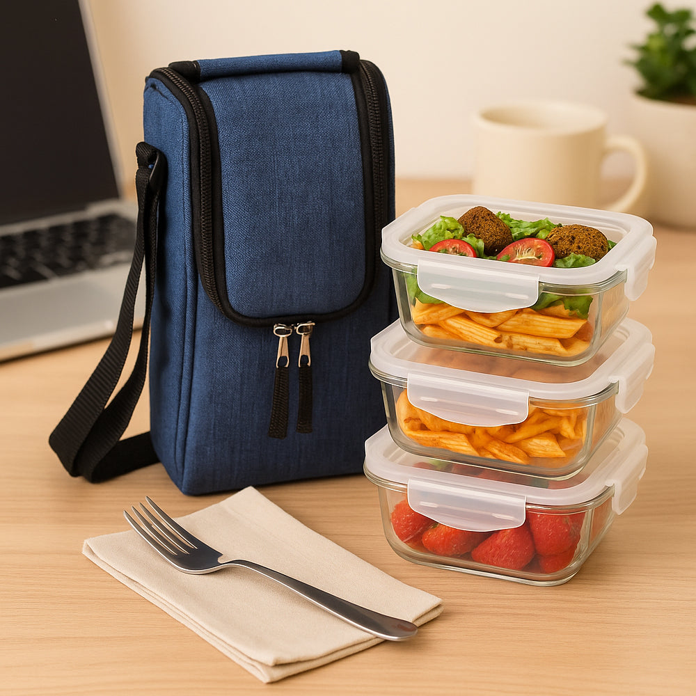 Borosilicate glass lunch box set with insulated fabric carry bag