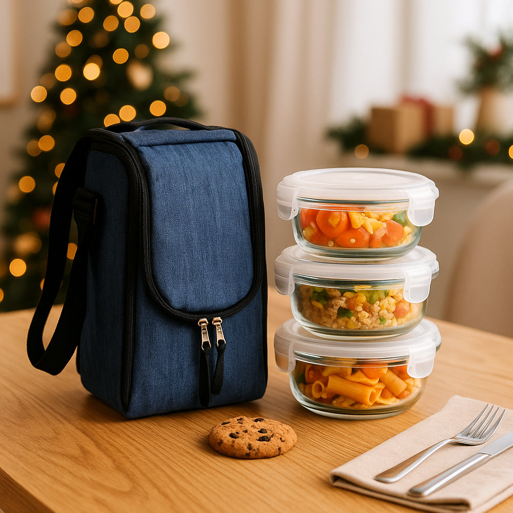 Borosilicate glass lunch box set with insulated carry bag, ideal for office and travel meals