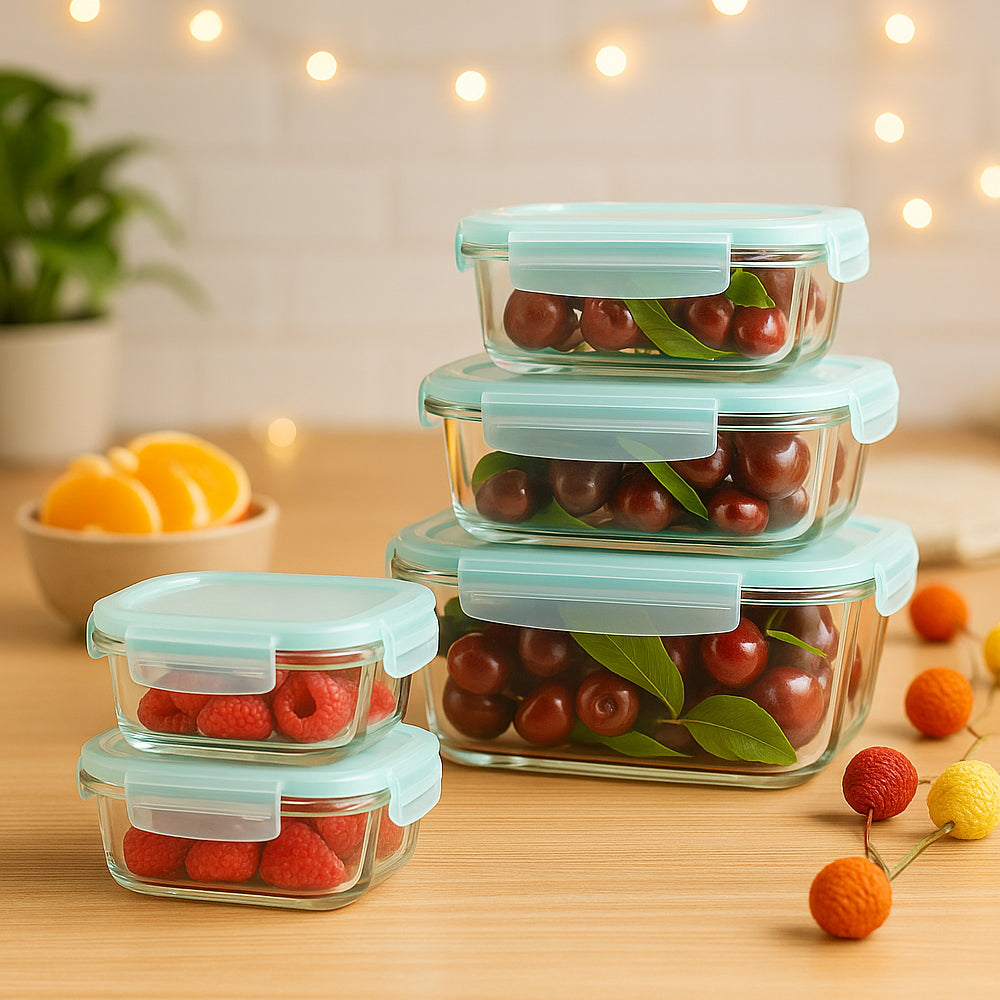 5-in-1 borosilicate glass container set with airtight lids for kitchen food storage