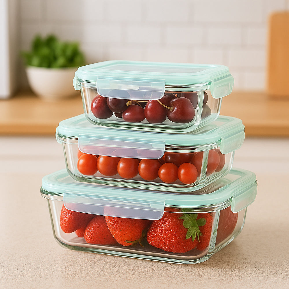 3-piece borosilicate glass container set with airtight lids, perfect for kitchen food storage