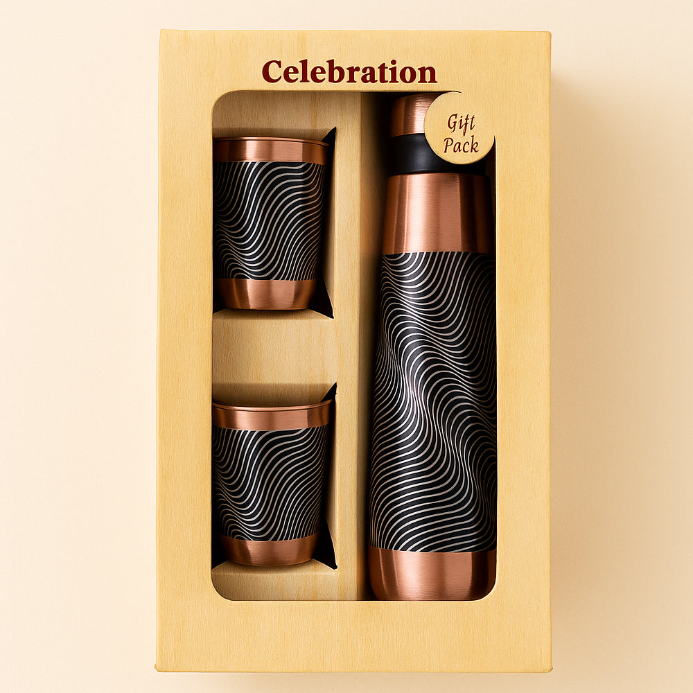 Premium 99% copper bottle and glass gift set with intricate design – perfect festive or corporate gift