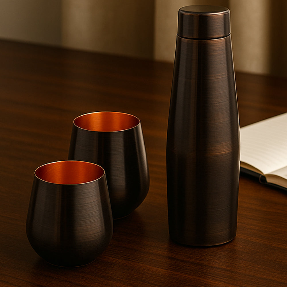 “Premium 99% copper bottle and glass set – 900 ml bottle with 250 ml glasses by YuBingo, elegant drinkware gift set”