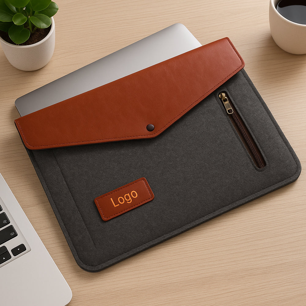 Grey felt laptop sleeve with zipper pocket and PU flap by Yubingo Corporate Gifts – fits 15.6-inch laptops