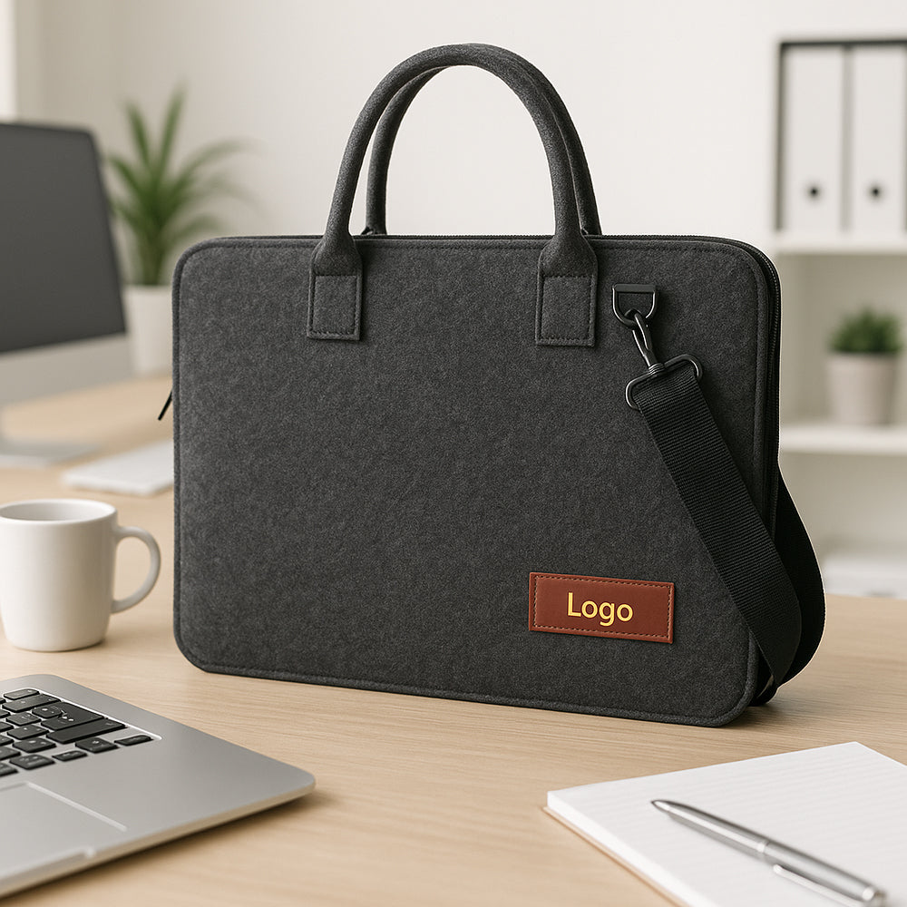 “Grey felt laptop sleeve with handle and shoulder strap for 15.6-inch laptops”