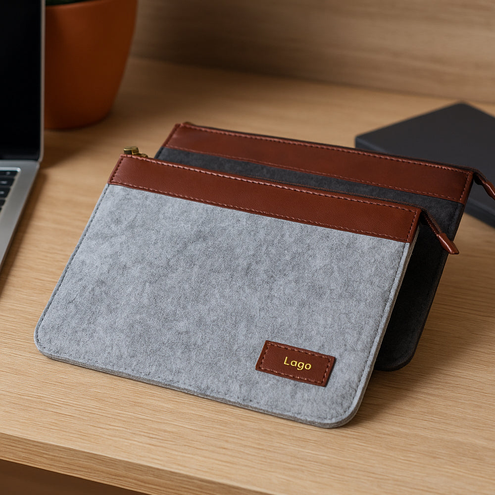 Felt laptop sleeve and document holder for 15.6-inch laptops with brown leather trim