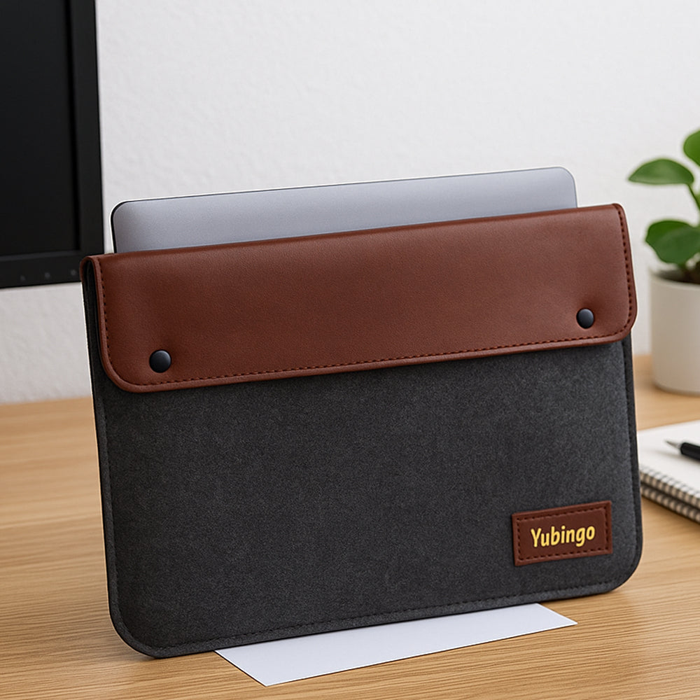 Felt laptop sleeve and document holder with brown PU leather flap for 15.6-inch laptops