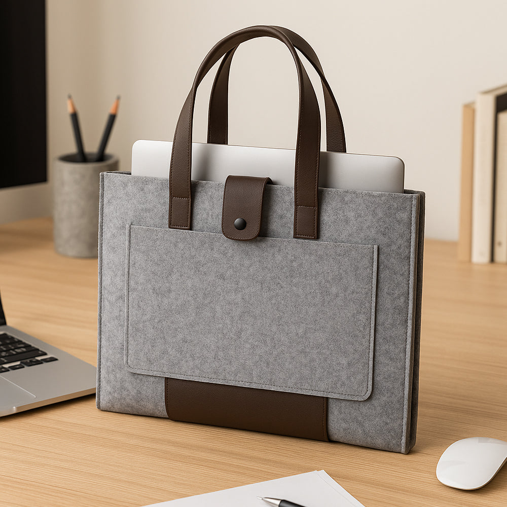Felt laptop sleeve with leather handles in black – 13.5-inch corporate gift
