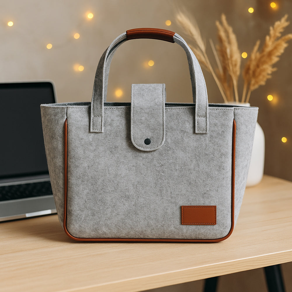 Grey felt handbag with leather trim – stylish and durable tote bag for everyday or corporate gifting