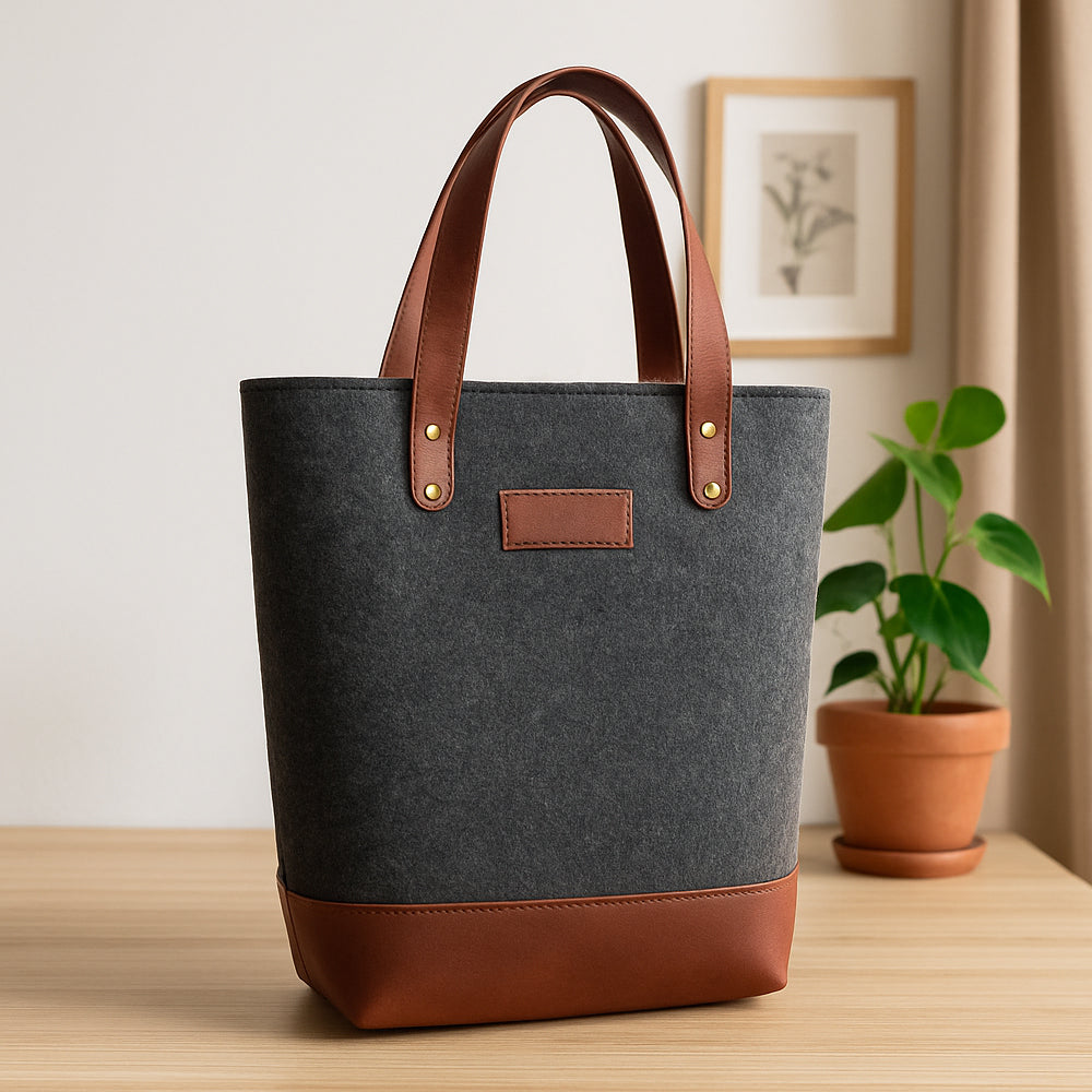 Felt handbag with brown leather handles, 13x14x3.5 inch, stylish tote for everyday use