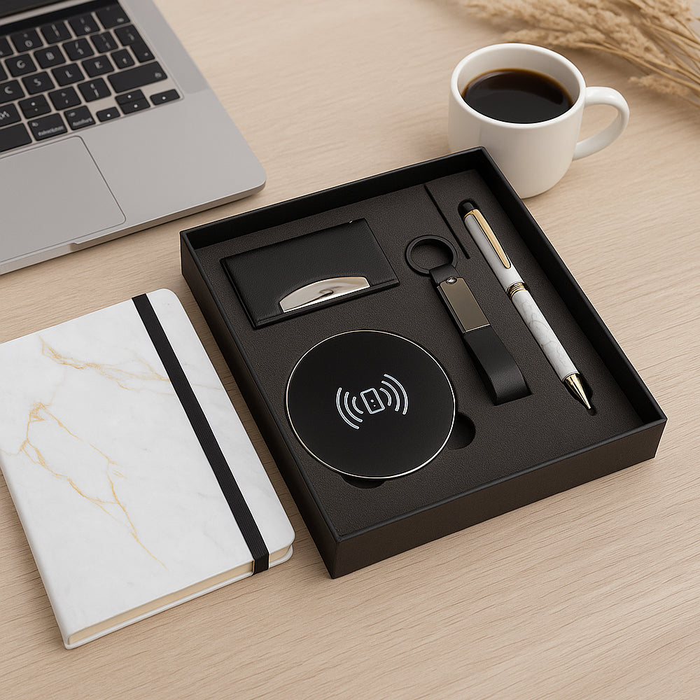 Premium Marble Corporate Gift Set – Notebook, Wireless Charger, Pen & More | Yubingo